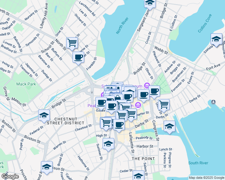 map of restaurants, bars, coffee shops, grocery stores, and more near 32 Federal Street in Salem