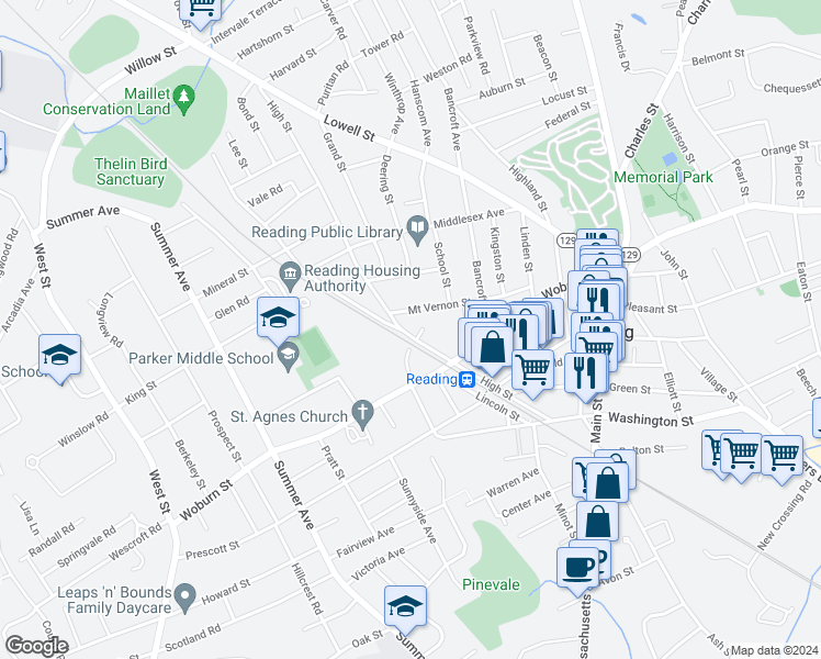 map of restaurants, bars, coffee shops, grocery stores, and more near 99 High Street in Reading