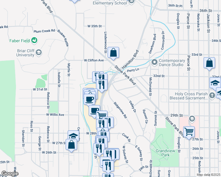 map of restaurants, bars, coffee shops, grocery stores, and more near 100 Ridgeview Road in Sioux City