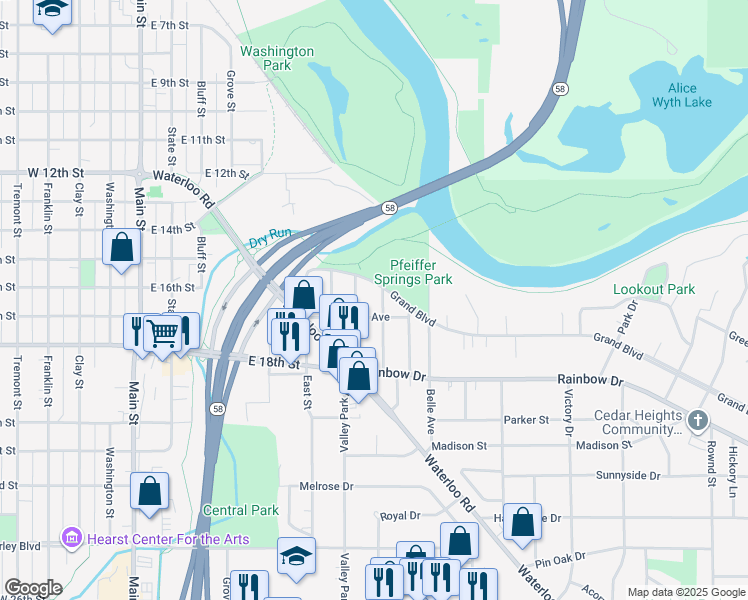 map of restaurants, bars, coffee shops, grocery stores, and more near 1615 Birch Street in Cedar Falls