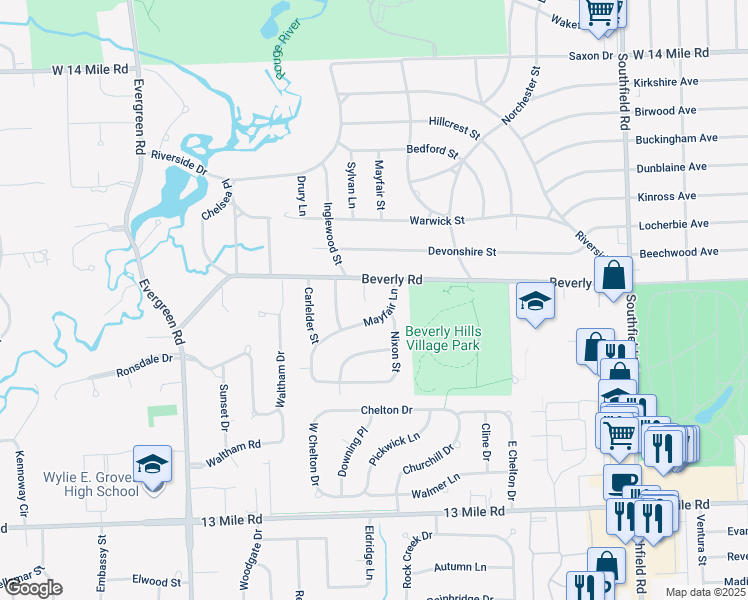 map of restaurants, bars, coffee shops, grocery stores, and more near 31964 Alden Court in Beverly Hills