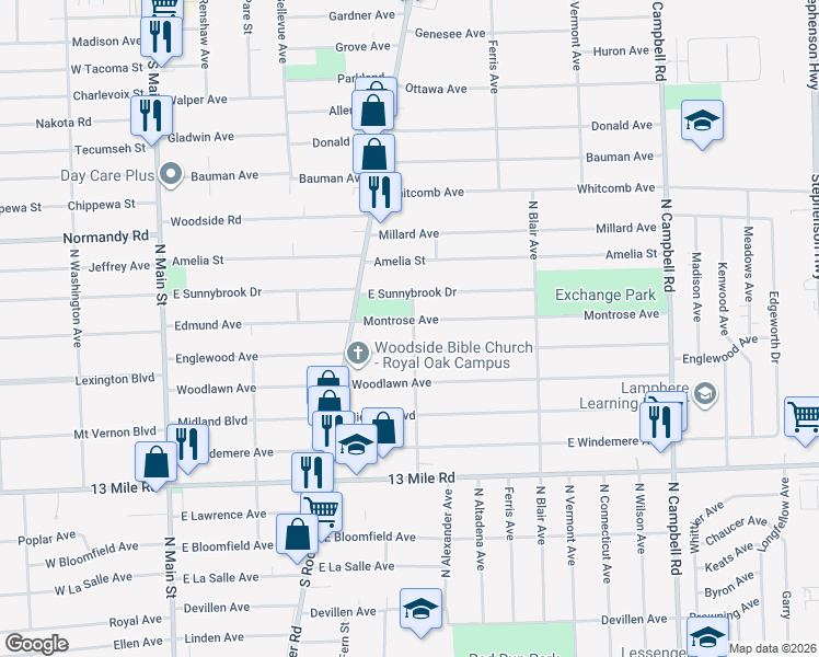 map of restaurants, bars, coffee shops, grocery stores, and more near 624 Montrose Avenue in Royal Oak