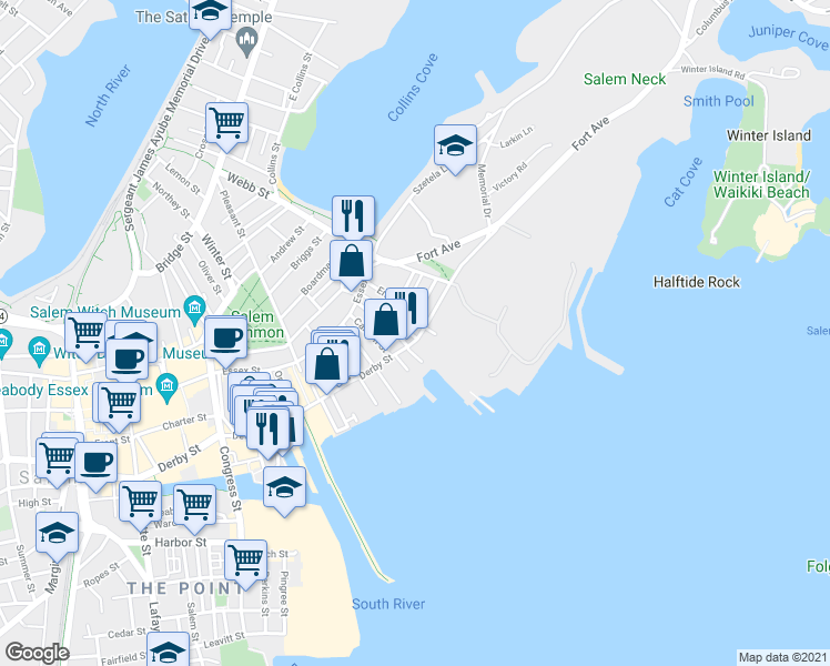 map of restaurants, bars, coffee shops, grocery stores, and more near 74 Derby Street in Salem