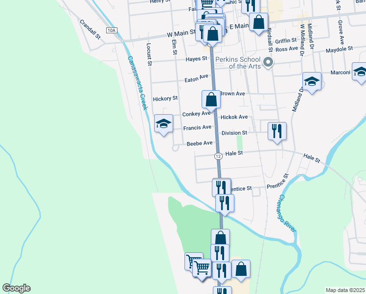 map of restaurants, bars, coffee shops, grocery stores, and more near 29 Beebe Avenue in Norwich