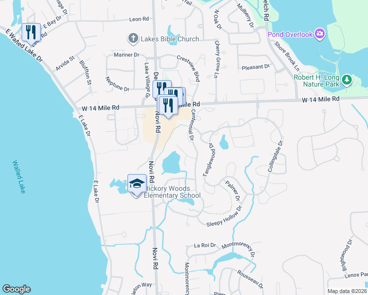 map of restaurants, bars, coffee shops, grocery stores, and more near 41798 Primrose Drive in Novi