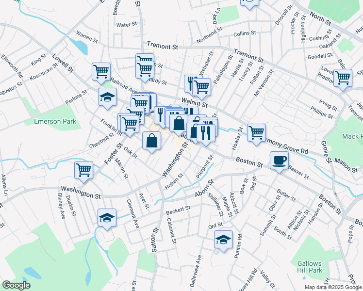 map of restaurants, bars, coffee shops, grocery stores, and more near 9 Washington Street in Peabody