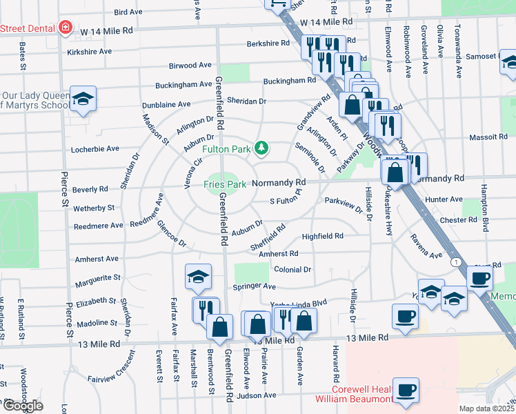 map of restaurants, bars, coffee shops, grocery stores, and more near 4237 South Fulton Place in Royal Oak