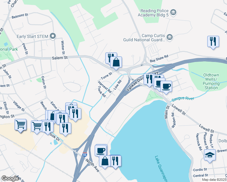 map of restaurants, bars, coffee shops, grocery stores, and more near 28 Line Road in Reading