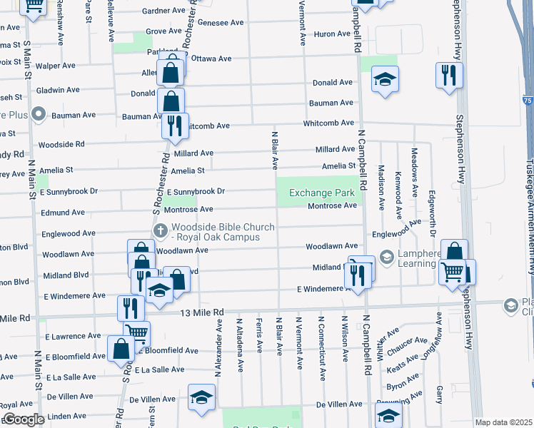 map of restaurants, bars, coffee shops, grocery stores, and more near 1110 Montrose Avenue in Royal Oak