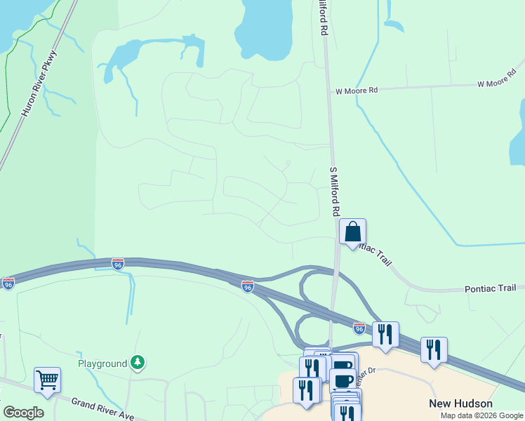map of restaurants, bars, coffee shops, grocery stores, and more near 1423 Arcadia Drive in Milford Charter Township