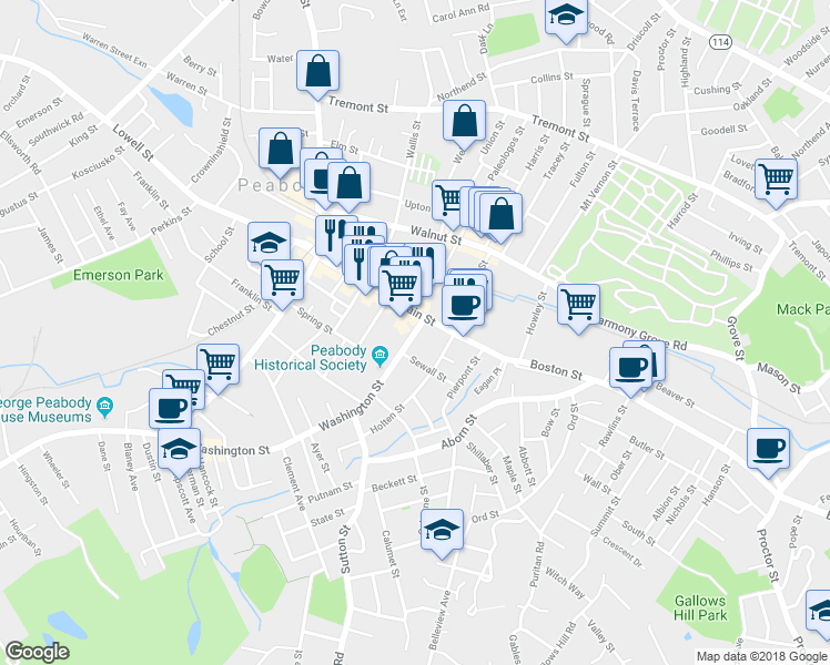 map of restaurants, bars, coffee shops, grocery stores, and more near 8 Washington Street in Peabody