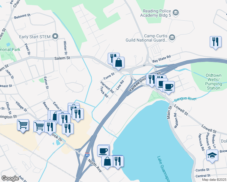 map of restaurants, bars, coffee shops, grocery stores, and more near 28 Line Road in Reading