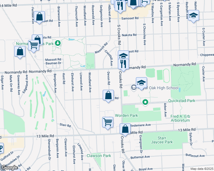 map of restaurants, bars, coffee shops, grocery stores, and more near 3915 Devon Road in Royal Oak