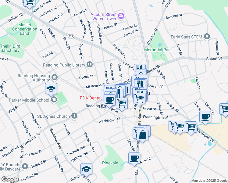 map of restaurants, bars, coffee shops, grocery stores, and more near 85 Woburn Street in Reading