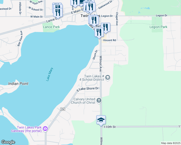 map of restaurants, bars, coffee shops, grocery stores, and more near 505 Pinewood Terrace in Twin Lakes