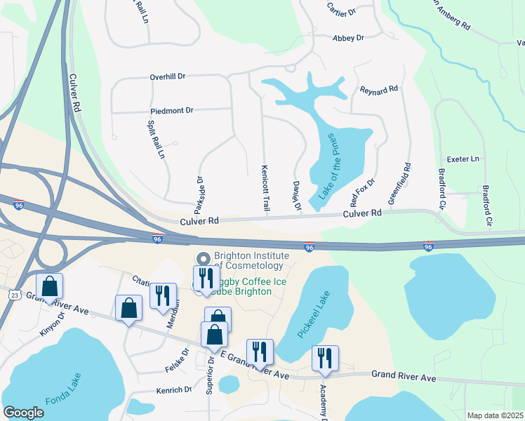 map of restaurants, bars, coffee shops, grocery stores, and more near 10527 Culver Road in Brighton