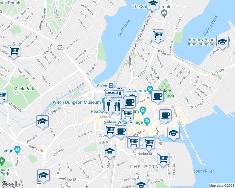 map of restaurants, bars, coffee shops, grocery stores, and more near 32 Federal Street in Salem