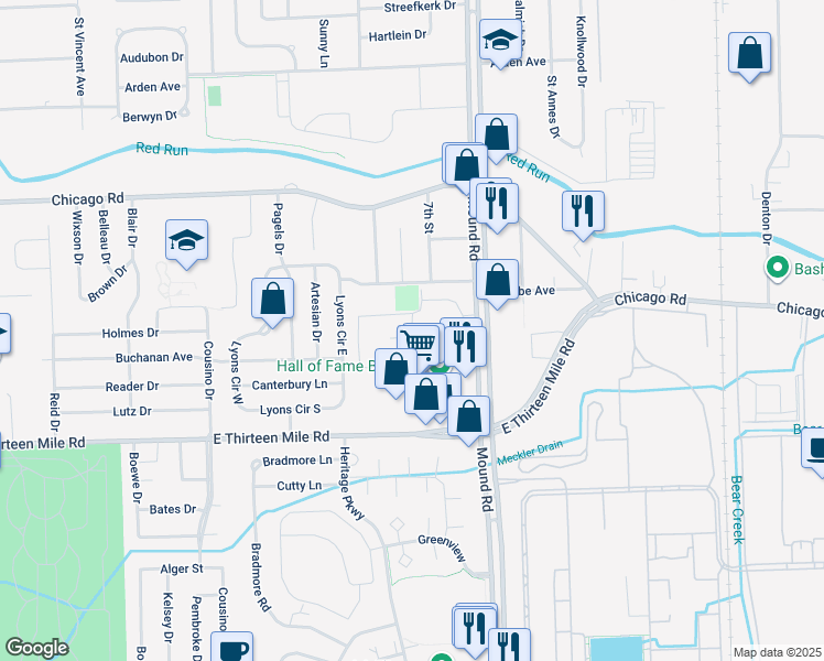 map of restaurants, bars, coffee shops, grocery stores, and more near 31343 Mound Road in Warren