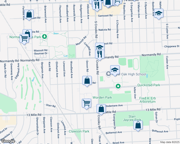 map of restaurants, bars, coffee shops, grocery stores, and more near 3902 Devon Road in Royal Oak