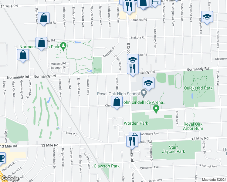 map of restaurants, bars, coffee shops, grocery stores, and more near 3905 Devon Road in Royal Oak