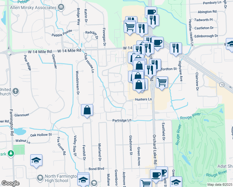 map of restaurants, bars, coffee shops, grocery stores, and more near 31825 Lakeside Drive in Farmington Hills
