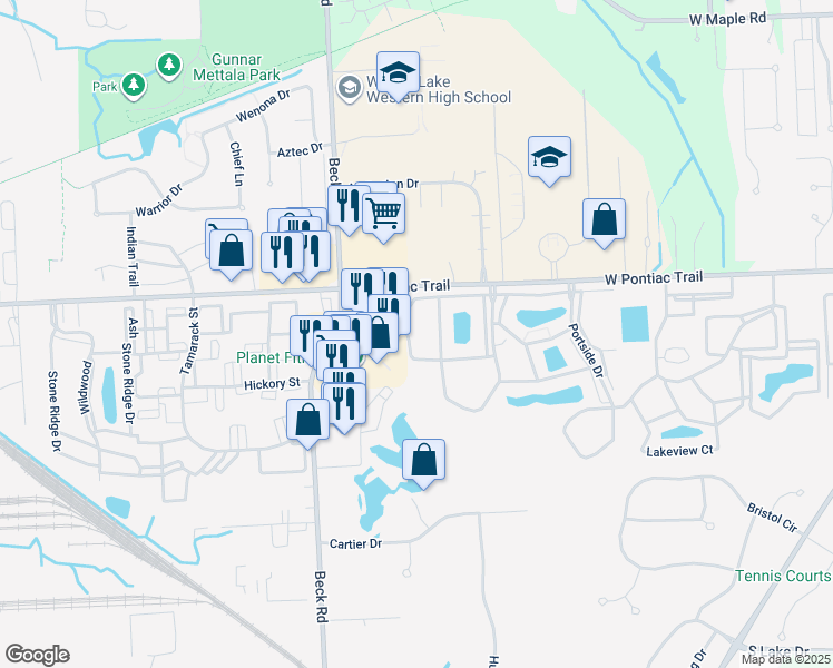 map of restaurants, bars, coffee shops, grocery stores, and more near 31186 Beck Road in Novi