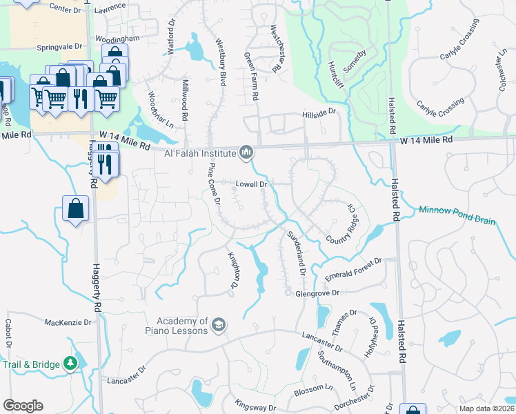 map of restaurants, bars, coffee shops, grocery stores, and more near 30953 Sunderland Drive in Farmington Hills
