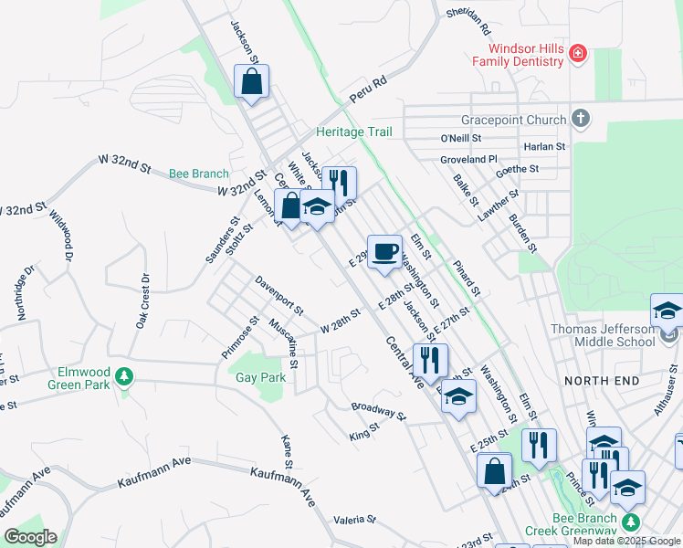 map of restaurants, bars, coffee shops, grocery stores, and more near 2887 Central Avenue in Dubuque