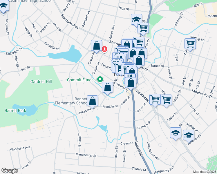 map of restaurants, bars, coffee shops, grocery stores, and more near 71 Pleasant Street in Leominster