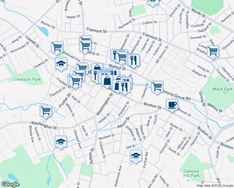 map of restaurants, bars, coffee shops, grocery stores, and more near 111 Main Street in Peabody