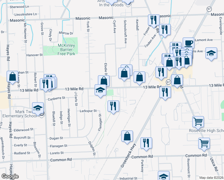 map of restaurants, bars, coffee shops, grocery stores, and more near 13 Mile in Roseville