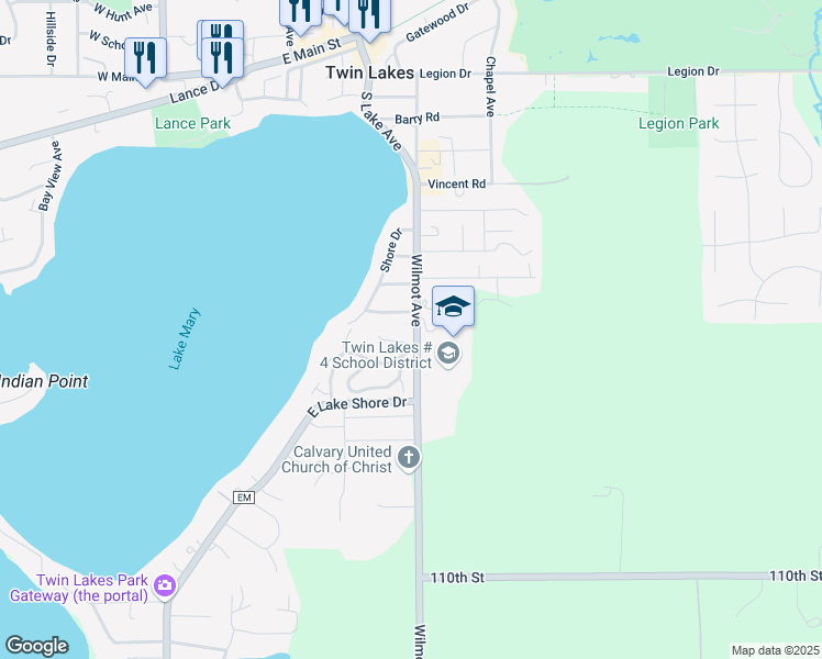 map of restaurants, bars, coffee shops, grocery stores, and more near 1115 Wilmot Avenue in Twin Lakes