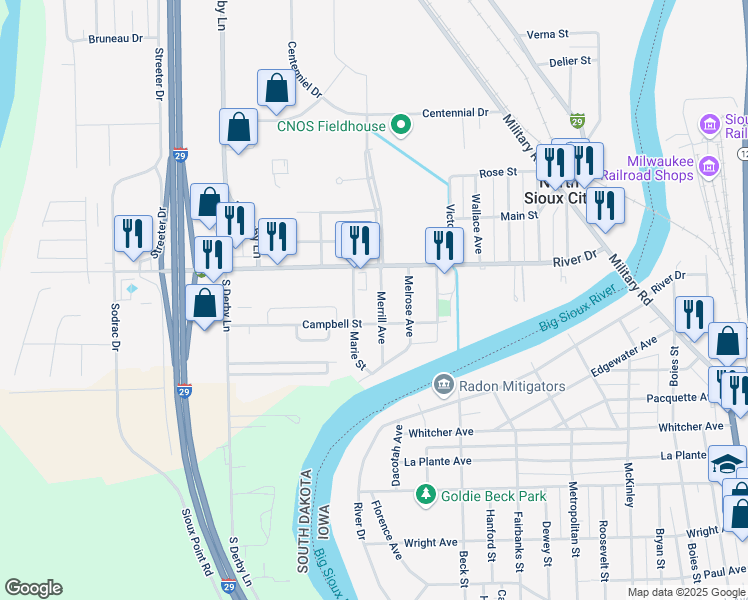 map of restaurants, bars, coffee shops, grocery stores, and more near 120 Merrill Avenue in North Sioux City
