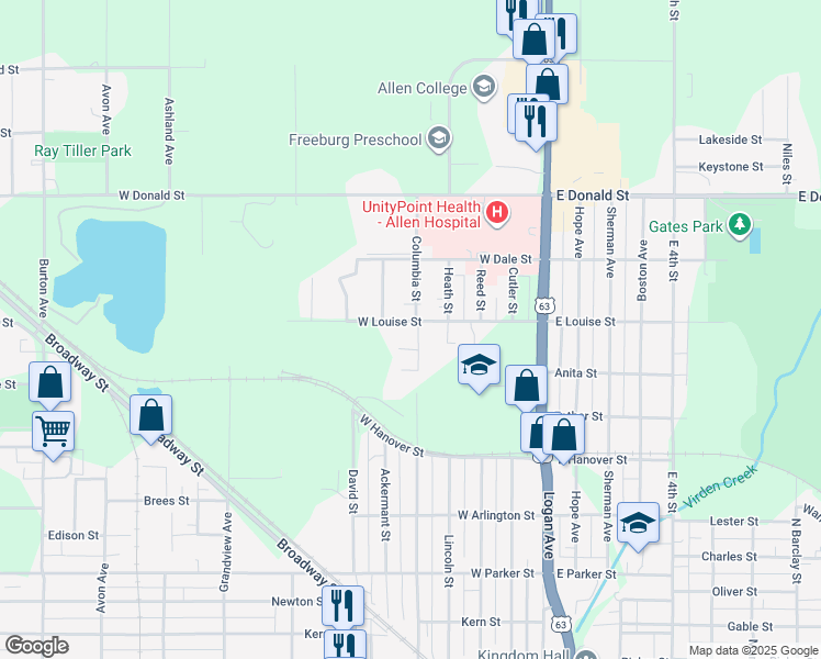 map of restaurants, bars, coffee shops, grocery stores, and more near 1551 Columbia Street in Waterloo