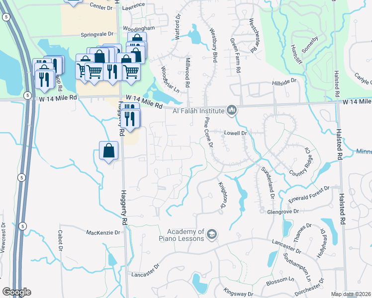 map of restaurants, bars, coffee shops, grocery stores, and more near 38872 Country Circle in Farmington Hills