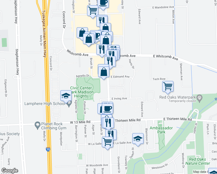 map of restaurants, bars, coffee shops, grocery stores, and more near 31396 John R Road in Madison Heights