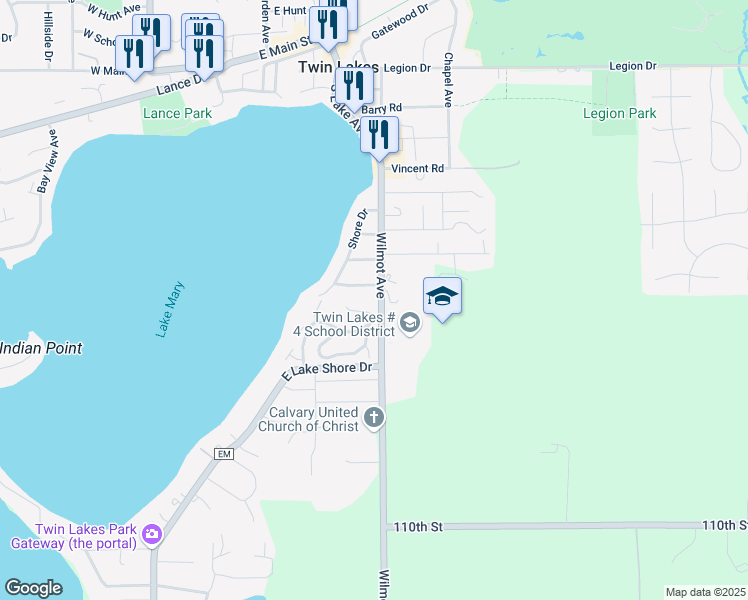 map of restaurants, bars, coffee shops, grocery stores, and more near 1115 Wilmot Avenue in Twin Lakes