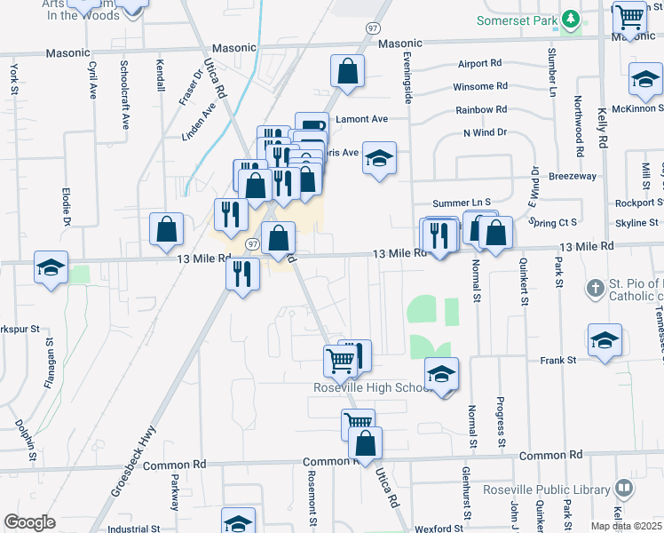 map of restaurants, bars, coffee shops, grocery stores, and more near 17134 East Thirteen Mile Road in Roseville