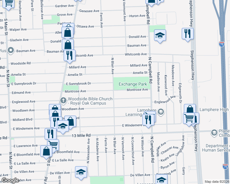 map of restaurants, bars, coffee shops, grocery stores, and more near 1110 Montrose Avenue in Royal Oak