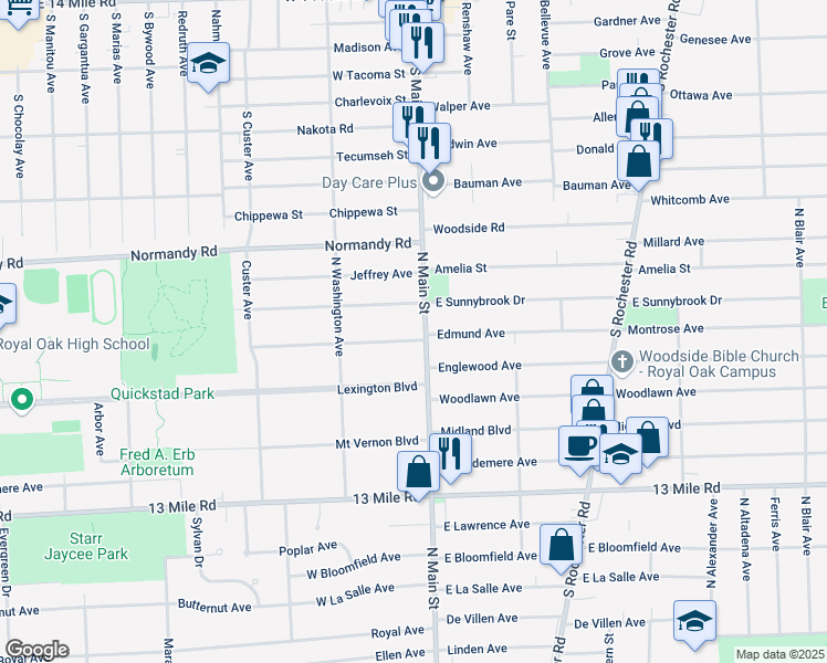 map of restaurants, bars, coffee shops, grocery stores, and more near 112 Charlotte Avenue in Royal Oak