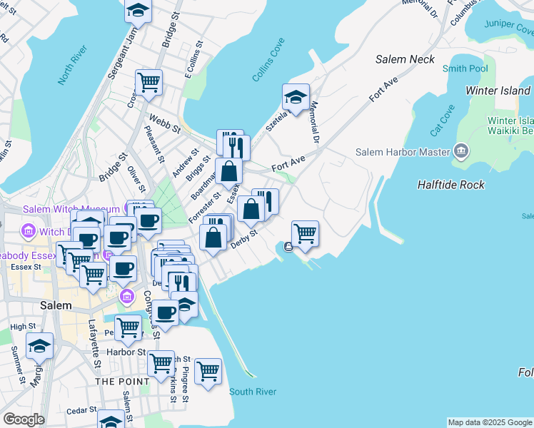 map of restaurants, bars, coffee shops, grocery stores, and more near 74 Derby Street in Salem