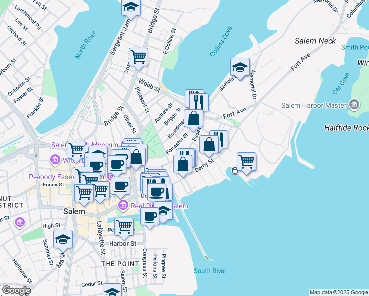 map of restaurants, bars, coffee shops, grocery stores, and more near 43 Essex Street in Salem