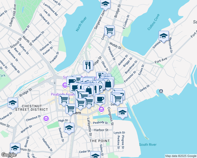 map of restaurants, bars, coffee shops, grocery stores, and more near 4 Howard Street in Salem