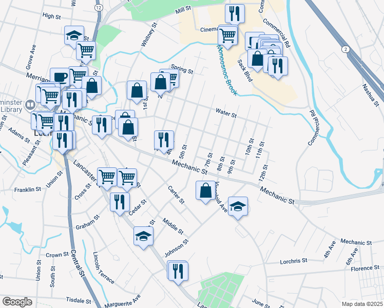 map of restaurants, bars, coffee shops, grocery stores, and more near 180 6th Street in Leominster