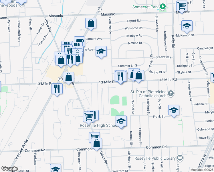 map of restaurants, bars, coffee shops, grocery stores, and more near 30572 Sandhurst Drive in Roseville