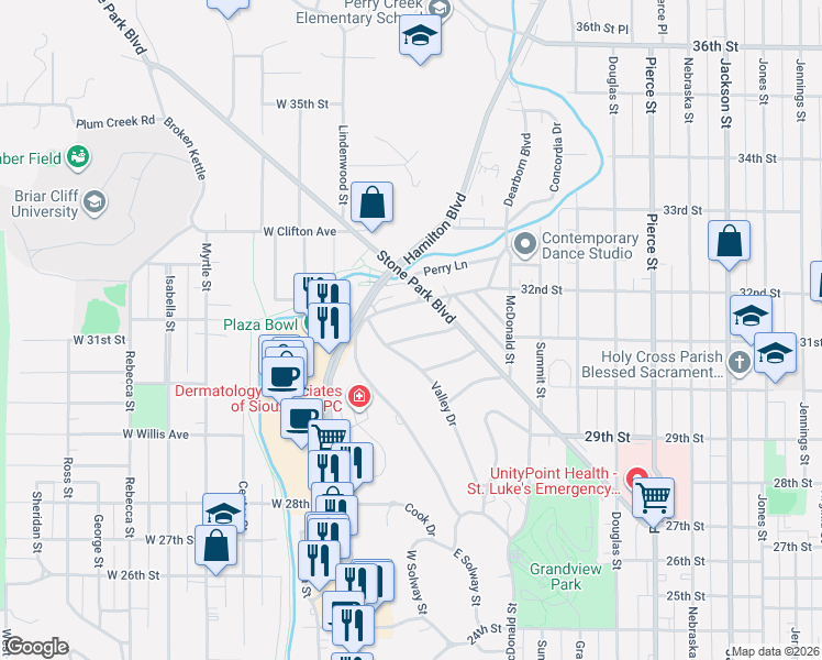 map of restaurants, bars, coffee shops, grocery stores, and more near 30 La Salle Avenue in Sioux City