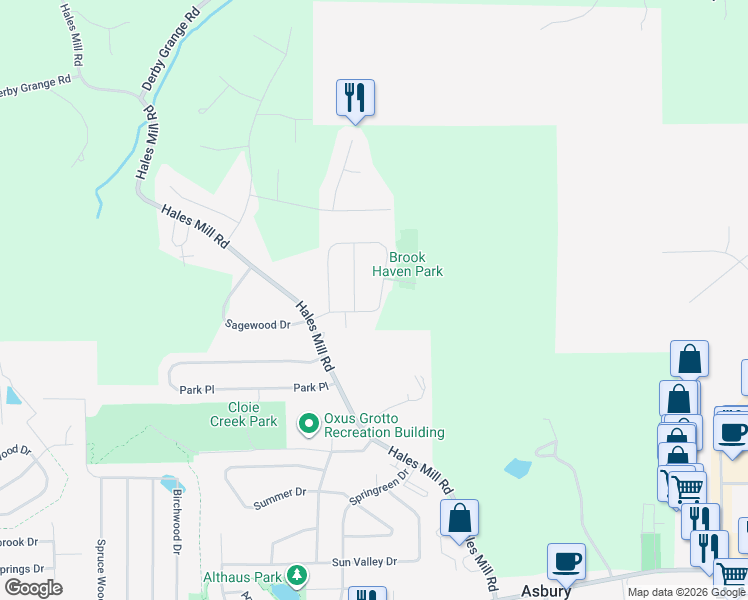 map of restaurants, bars, coffee shops, grocery stores, and more near 3316 Brook Hollow Drive in Asbury