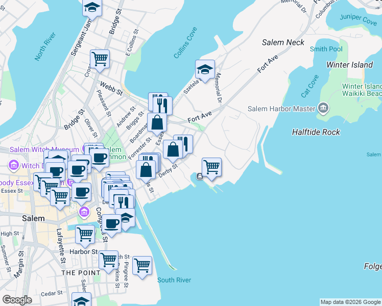 map of restaurants, bars, coffee shops, grocery stores, and more near India Street in Salem