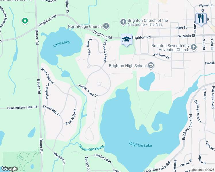 map of restaurants, bars, coffee shops, grocery stores, and more near 5288 Hidden Pines Court in Brighton
