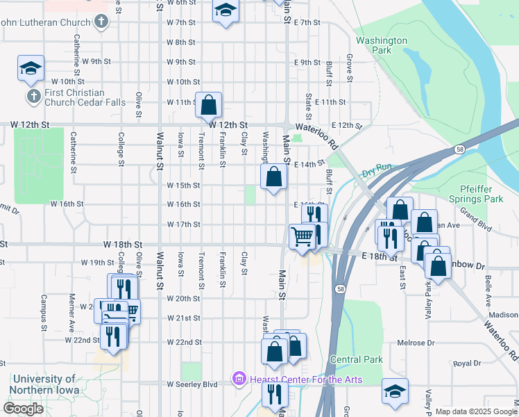 map of restaurants, bars, coffee shops, grocery stores, and more near 1616-1618 Washington Street in Cedar Falls